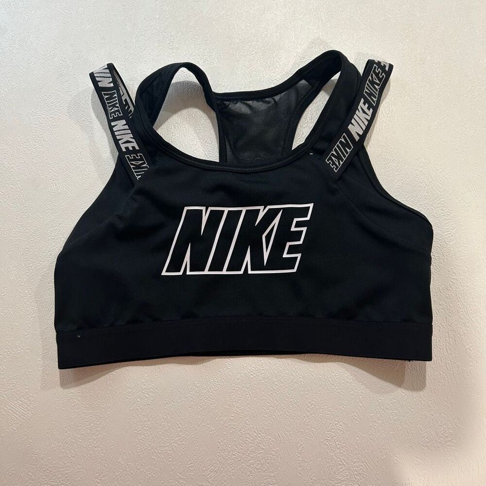 Nike Dri-FIT Black Sports Bra Size M | Medium Support Logo Elastic Strap Activew